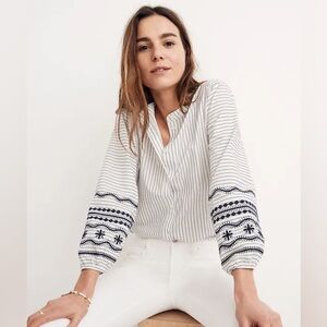 Madewell Blouse Striped Embroidered Sleeve Shirt White Navy Cotton Size Medium